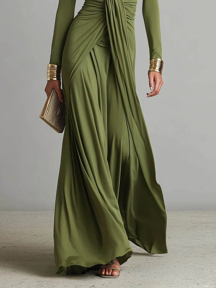 Elegant women Olive green , Deep V-Neck, pleated Glamorous maxi dress, flattering fit, silky stretch fabric