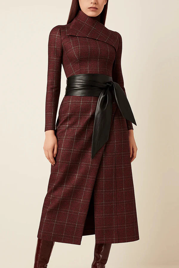 Plaid print long-sleeved wide-belted slim fit Mindi dress