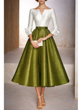 A line Tea lenght cocktail dress, party, wedding -guess dress, Elegant color with long sleeve  V-neck  formal taffeta -stetch satin cowl back, imbroidered flower
