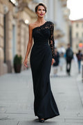 Black one shoulder mermaid long sleeve  mother of the bride dress with lace.
