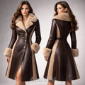 brown leather trench coat faux fur collar elegant winter outer wear
