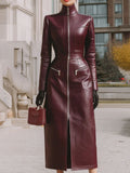 Sophisticated Edgy , Burgundy leather zip front midi coat dress