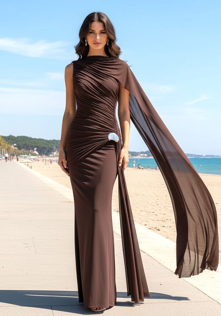 Sophisticated Draped Design Scarf maxi Brown Dress, sleeveless o-neck formal gown