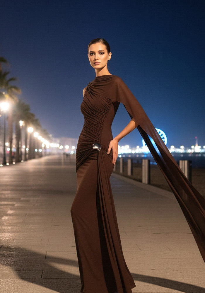 Sophisticated Draped Design Scarf maxi Brown Dress, sleeveless o-neck formal gown