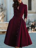 Elegant  burgundy band collar , button down midi dress with belt