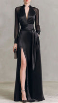 Elegant black satin sheer-sleeve high split evening grown