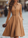 Elegant carmel zip-up, fit flare knee lenght mindi dress