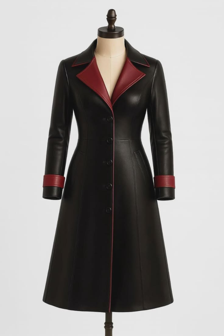 HandMade black trim-red leather trench Designer OverCoat