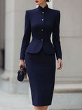 Women Elegant Navy Mandarin ,  collar Peplum blazer and skirt suit