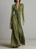Elegant women Olive green , Deep V-Neck, pleated Glamorous maxi dress, flattering fit, silky stretch fabric