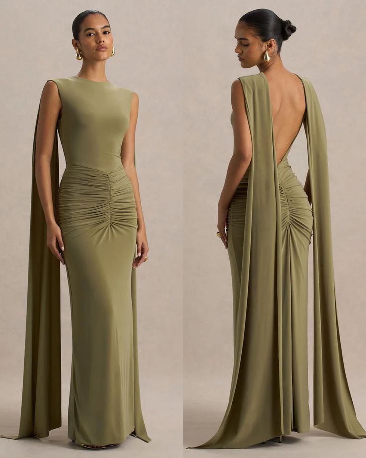 Premiere  formal Olive green , sleeveless Boat-neck, cape sleeve dress, and open back