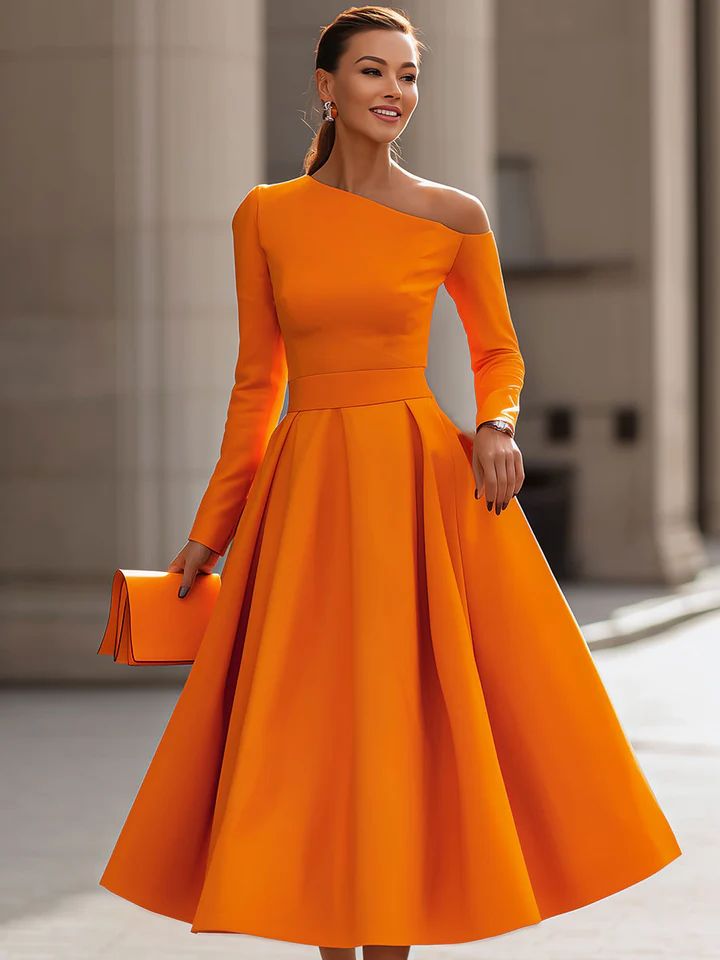 Radiant Elegant Sophisticated of shoulder , long sleeve dress, fit and flair