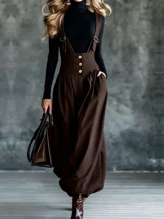 women smart casual polyester plain spring / fall , square neck, heavy weight , daily regular fit over-all bib style pants