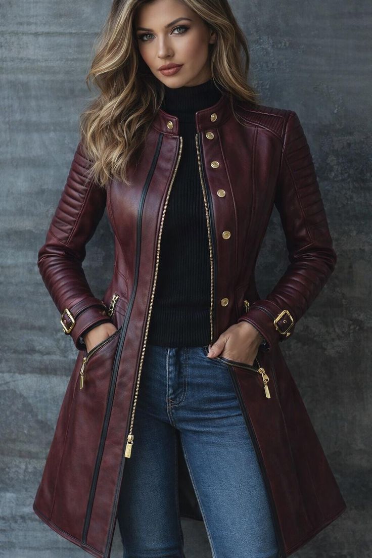 women burgundy genuine leather long coat jacket  permium
