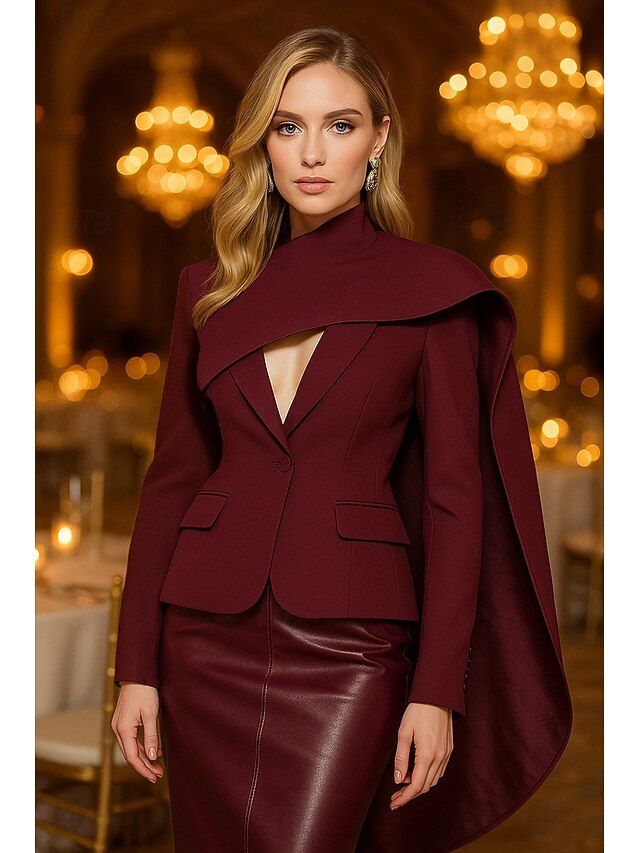 Elegant women Burgundy Blazer, sports, wedding guess, tailored fit, long sleeve cape lapel single breasted.