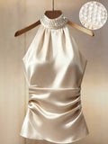 women elegant Pearl Decor halter Neck top for summer Pearl Satin dress top