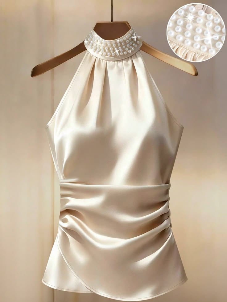 women elegant Pearl Decor halter Neck top for summer Pearl Satin dress top