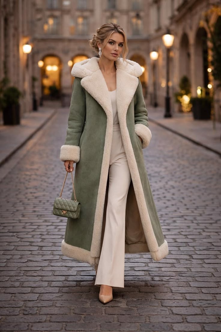 Women hand made long faux coat shearling winter coat