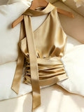 women spring / summer elegant champagne gold metallic sheen pearl, satin  one shoulder strap blouse.