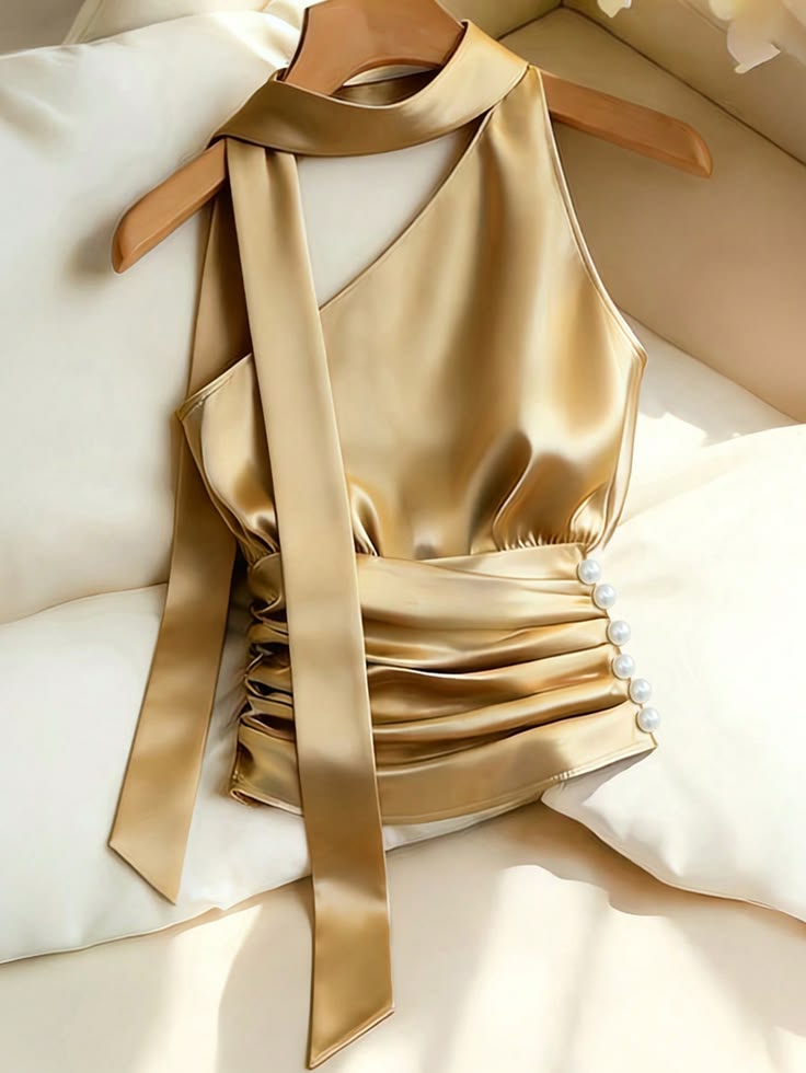 women spring / summer elegant champagne gold metallic sheen pearl, satin  one shoulder strap blouse.
