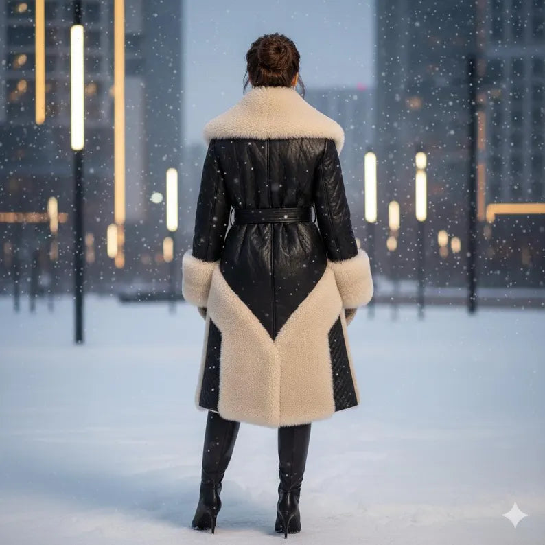 Royal fashion woman luxury long leather trench winter faux fur coat