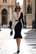 work blazer dress, black and white lapel mermaid knee- length sheath dress, black white. US2