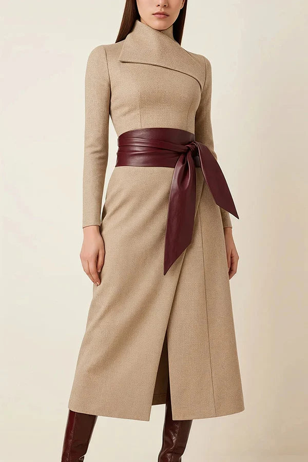 Plaid print long-sleeved wide-belted slim fit Mindi dress