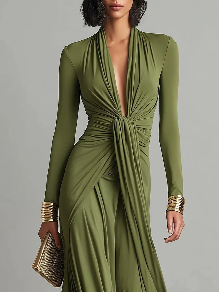 Elegant women Olive green , Deep V-Neck, pleated Glamorous maxi dress, flattering fit, silky stretch fabric
