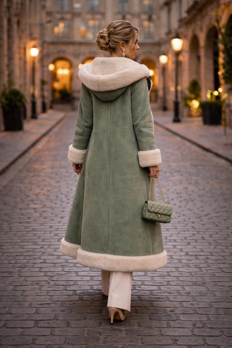 Women hand made long faux coat shearling winter coat