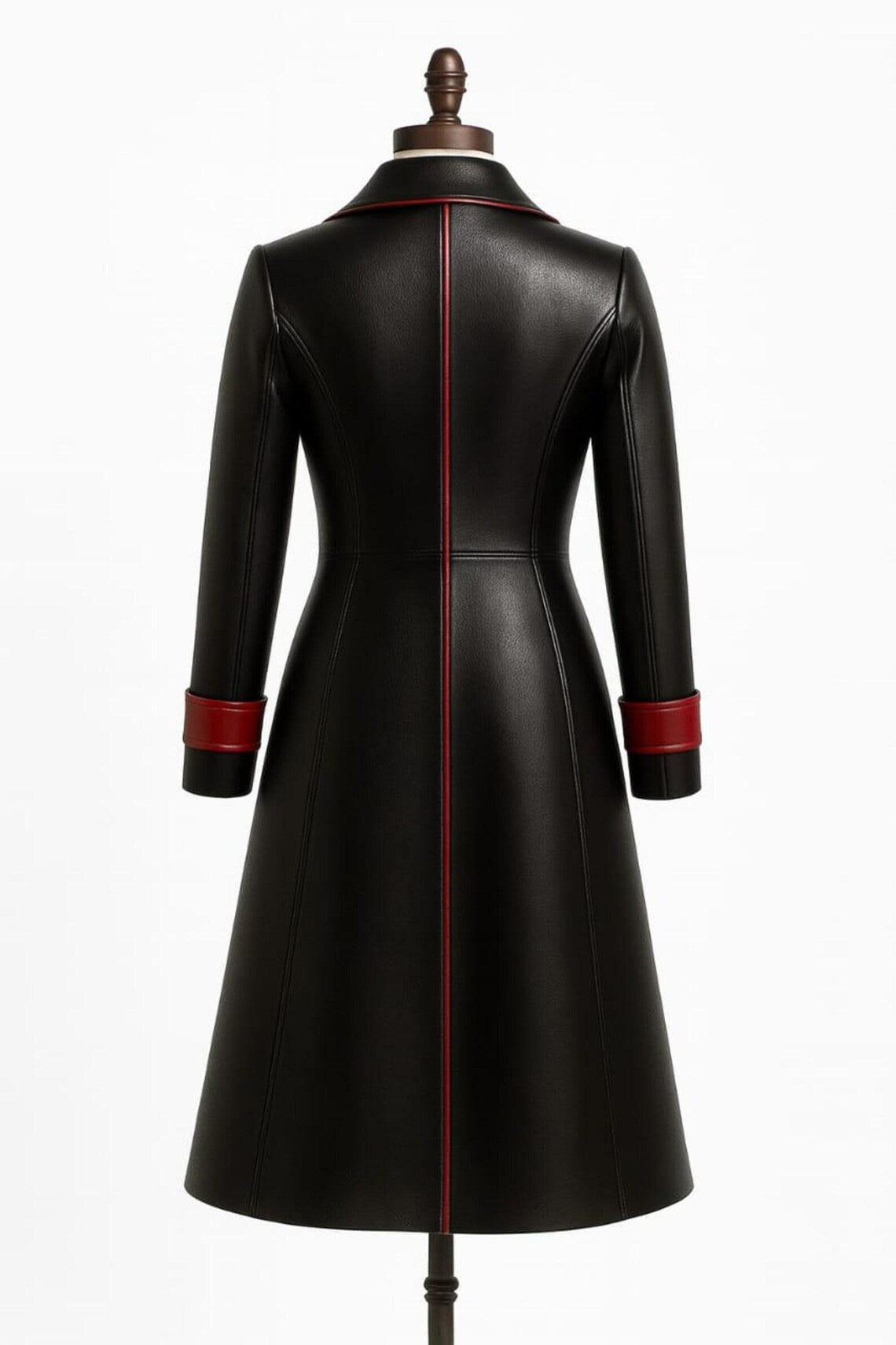 HandMade black trim-red leather trench Designer OverCoat