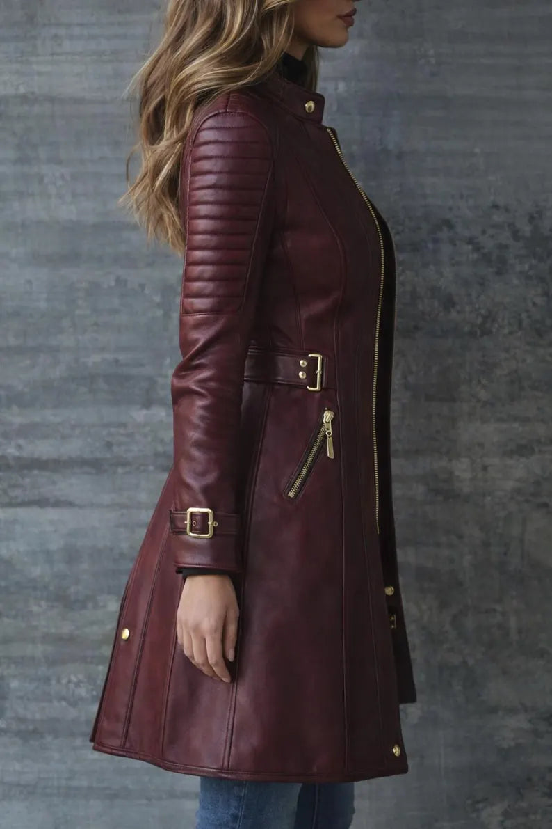 women burgundy genuine leather long coat jacket  permium